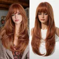 Long layered copper ginger wig with bangs for women synthetic hair - Orange