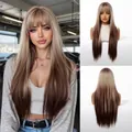 Long straight ombre brown wig with bangs for women natural layered hair - 26 Inches / Ombre Brown