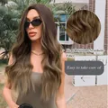 Detail view showing the wavy texture of the long ombre brown synthetic wig. - Middle Part Long Wavy (179-1) / Ombre Light Linen (179-1)