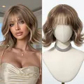 Close-up detail of a honey blonde wavy bob wig with bangs for a stylish cute look - Honey Gold Bob Curly