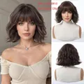 Detailed shots of wavy brunette short bob wig with bangs, front and back views included - Cool Brown Wavy Bob (SWLC1238-2BR10)