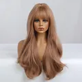 Detalle de peluca larga ondulada marrón con flequillo hecha de fibra sintética resistente - Cabello Largo Rizado Con Flequillo de Aire / Amarillo Parduzco