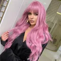 Peluca sintética rosa larga y ondulada con flequillo, ideal para cosplay y fiestas - Cabello Largo Rizado Con Flequillo de Aire / Rosa