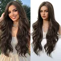 Detailed comparison of long wavy brown gradient synthetic wig on model and mannequin - Brown Style / 28 inch