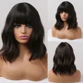Professional detailed views of a dark wavy synthetic bob wig with bangs on a mannequin bust. - Dark Brown (lc056)