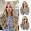 Long wavy middle-parted wig with ash blonde ombre gradient highlights - 24 inch / Milk Tea Ash Brown (8383-3)