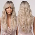 Long wavy platinum blonde ombre wig with dark roots high quality synthetic hair - 24 inch / Ombre Blonde (2061-1)