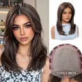 Perruque longue et lisse méchée marron avec détail de bonnet mono sans colle 7,5x5,5 pouces - Style Raie Mono 14 Pouces / Châtain Méché
