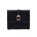 Elegant black textured leather women's short wallet with gold belt buckle detail - Black