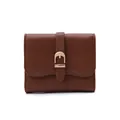 Compact brown pebbled leather short wallet for women with elegant gold buckle strap - Brown