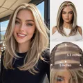 Perruque synthétique mono sans colle avec mèches brunes et texture lisse réaliste - Style Lisse avec Raie 16 Pouces / Mèches Brun Doré
