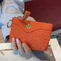 Mini porte-monnaie en cuir orange avec motif floral gaufré et petit porte-clés doré - Orange