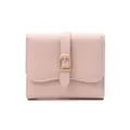 Elegant compact pink pebbled leather wallet with decorative gold belt buckle for women - Pink