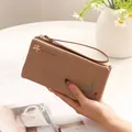 Elegant khaki PU leather long wallet featuring floral print and a practical wristlet strap - Apricot
