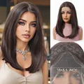 Close-up of 13x3.5 inch lace front wig detail with dark brown medium synthetic hair. - Mid-length Bob (1061-1) / Black Brown
