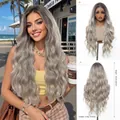 Long wavy silver gray ombre lace wig with 65cm length and 310g weight specifications - 26 Inch / Ombre Ash Brown