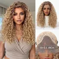 Detailed view of long blonde Afro curly lace front synthetic wig with 13x3.5 lace - Brown Ombre SWLP1072-8BL22