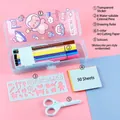 Blue cartoon stationery set with pencil case, 6 markers, stencil, paper, and scissors - Drawing & Cutting Box Set / Blue