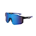 Sporty oversized sunglasses with blue mirrored one-piece lens for cycling and outdoor use - Black Frame Blue Mirror