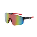 Fashionable wrap-around sports sunglasses with rainbow mirrored lens and red tips - Black Frame Purple Mirror Lens