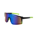 One-piece sports cycling sunglasses with blue iridescent lens and neon green tips - Black Green Frame Green Mercury Lens
