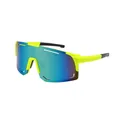 Sports cycling sunglasses featuring neon yellow frame and mirrored iridescent blue lenses - Yellow Green Frame Blue Mirror