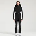 Combinaison de ski une pièce pour femme, coupe ajustée, noir et blanc, capuche fourrure - XS / Ensemble (Style 2314) / Noir
