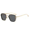 Lunettes de soleil carrées rétro à double pont avec monture dorée et verres noirs élégants - Monture Noire Verres Noir Gris