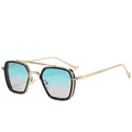 Lunettes de soleil hexagonales vintage à double pont avec verres dégradés bleu rose et monture or - Monture Noire Verres Vert Rose