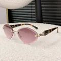 Fashionable rimless diamond-shaped sunglasses featuring pink gradient lenses and tortoise arms. - Tortoiseshell Grey Purple