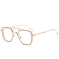 Lunettes rétro carrées à double pont avec monture en métal doré et verres teintés bleus - Monture Beige