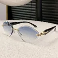 Stylish rimless diamond-cut sunglasses with gradient blue lenses and marble arms. - Black Floral Gradient Blue