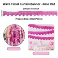 Rose red wavy foil fringe curtain banner 300x30cm for birthday party decoration - Rose Red