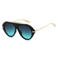 Oversized aviator sunglasses with black frame and gradient blue lenses in gold finish - Black Frame Grey Green Lens