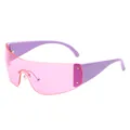 Lunettes de soleil shield Y2K sans monture avec verres roses et monture violette chic - Branches Violettes Verres Roses