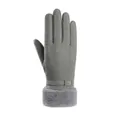 Detailed view of grey thermal glove with faux fur cuff and decorative wrist buckle - Small Card Style / Gray