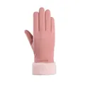 Close-up detail of pink thermal winter gloves featuring plush faux fur cuffs and metal tag - Small Gold Label Style / Pink
