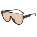 Modern oversized shield sunglasses with one-piece light brown lenses and black frame - Black Frame Tea Lens