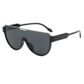 Oversized black shield sunglasses with metal top bar detail for a modern fashion look. - Black Frame Black Grey Lens