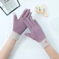 Detailed view of women's purple fleece thermal gloves with decorative stitching detail - Touchscreen Ribbed Style / Purple
