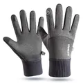 Gray winter warm touch screen outdoor gloves with non-slip grip and knit cuff - Light Gray