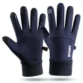 Navy blue winter sports gloves with touchscreen fingers and non-slip silicone palm grips. - Blue