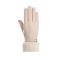 Beige warm winter gloves for women featuring cozy faux fur cuffs and metal buckle detail - Small Card Style / Off White