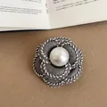Exquisite camellia brooch featuring grey fabric petals and a central high-lustre pearl detail - Style 5