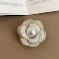 Elegant tweed camellia brooch with faux pearl detail for socialite style. - Style 9
