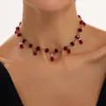 Elegant vintage red crystal beaded choker necklace with teardrop tassels for women. - Gold + Red (8038)