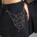 Gothic punk silver spiderweb pant chain accessory with layered tassels on model - Silver/White K (1348)