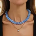 Blue marbled resin bead necklace with gold stainless steel zircon pendant chain - Layered Double Necklace (7563) / Gold + Blue