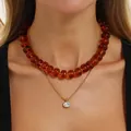Mehrlagige Halskette mit Bernstein-Resin-Perlen, Goldkette und Zirkonia-Anhänger - Mehrlagige Doppel-Halskette (7563) / Gold und Bernstein