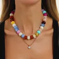 Bunte Harzperlenkette im Dopamin-Stil mit rundem Zirkonia-Anhänger aus Edelstahl - Mehrlagige Doppel-Halskette (7563) / Gold + Mischfarben